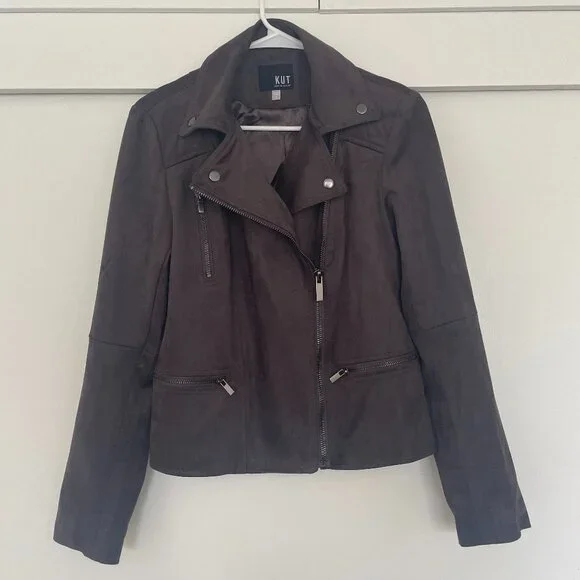 Kut from the Kloth faux suede moto jacket in dark grey / walnut - Picture 3 of 10
